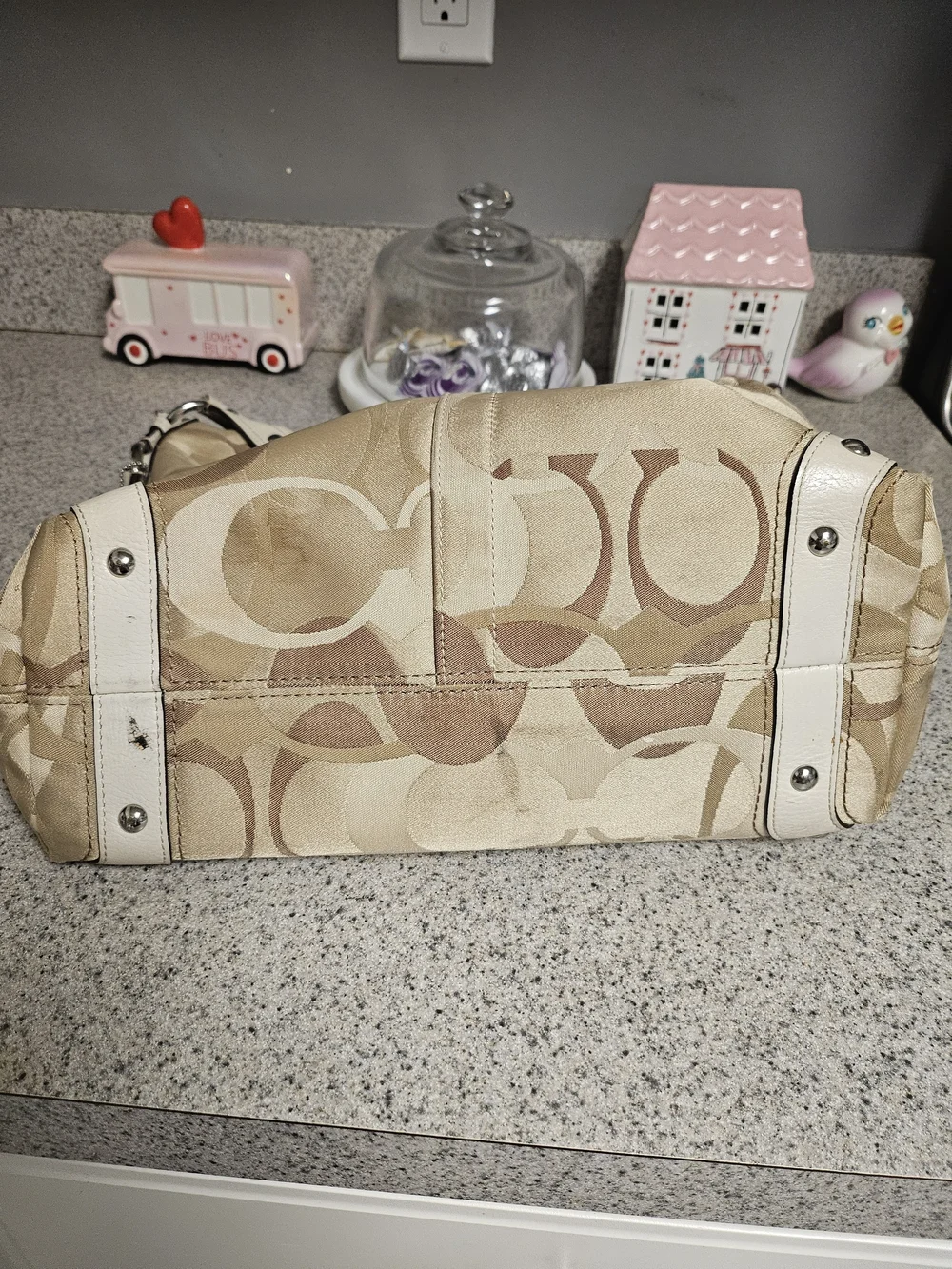 Coach Vintage LARGE F11961 Carly Beige Signature C & Leather Shoulder Bag